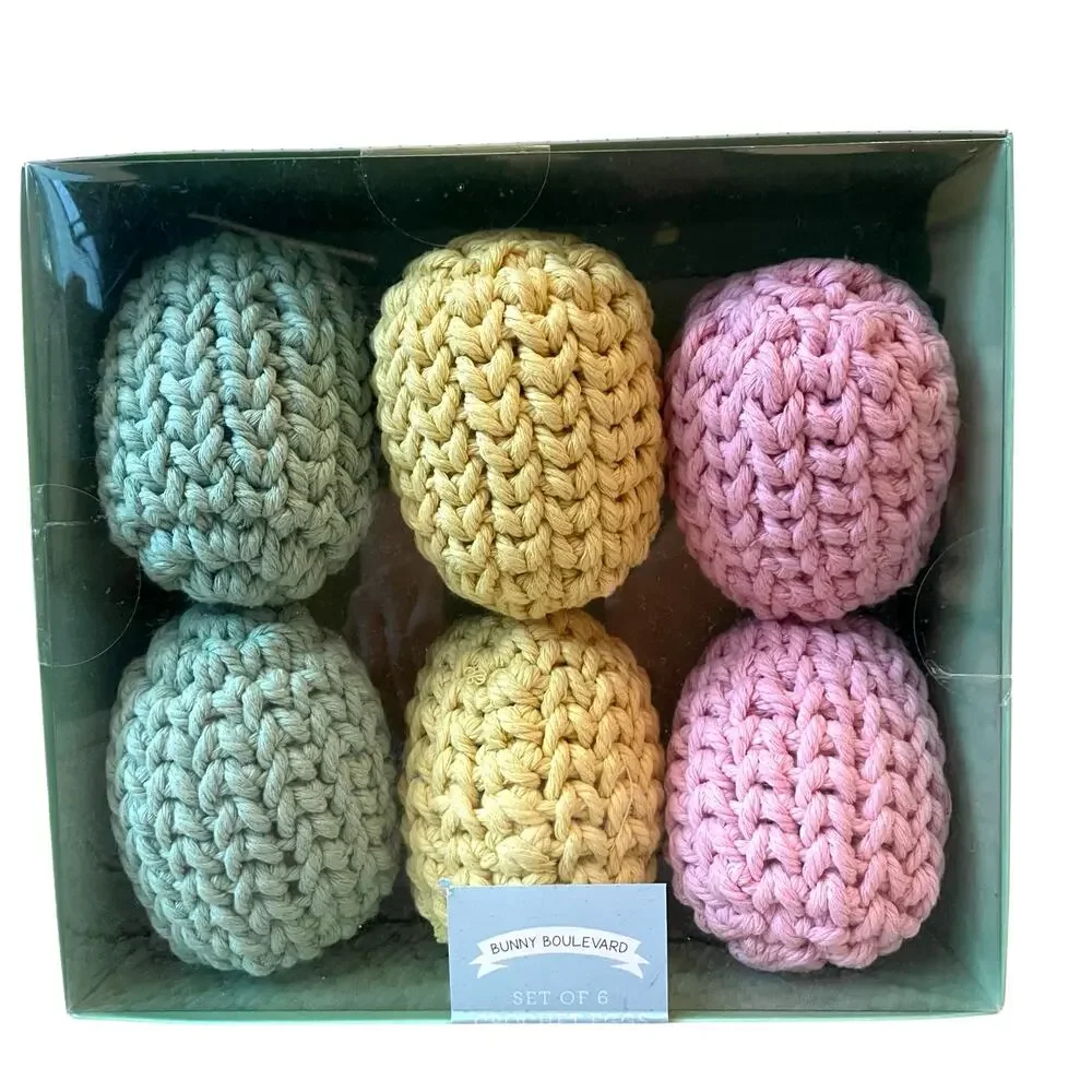 BUNNY BOULEVARD 6pk Crochet Eggs Pink Green Yellow Easter Decor Yarn Wrapped New